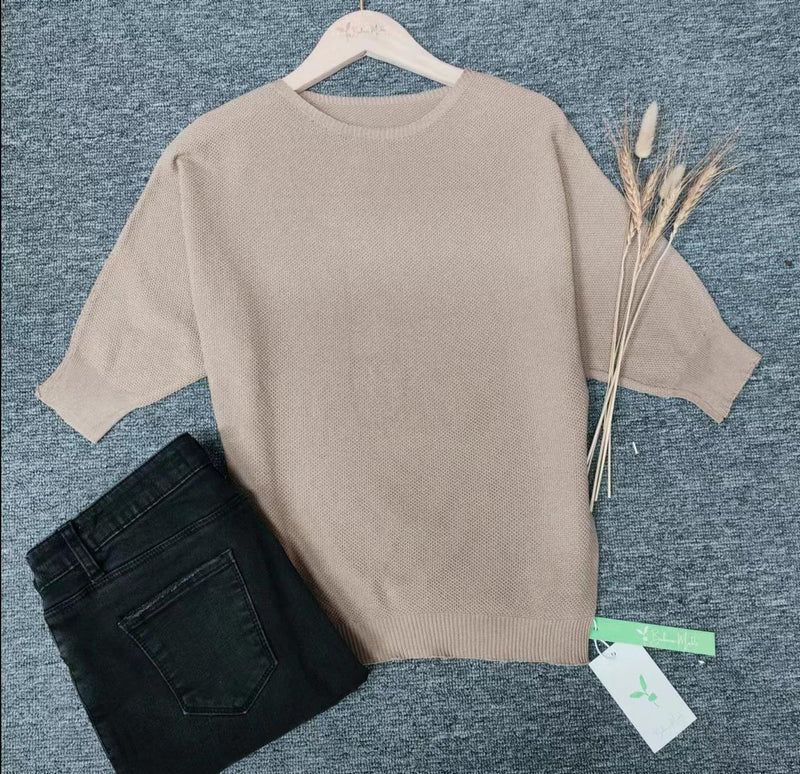 Gold Round Neck Pullover For Women - 3/4 Sleeve Solid Sweater