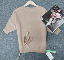 Gold Round Neck Pullover For Women - 3/4 Sleeve Solid Sweater