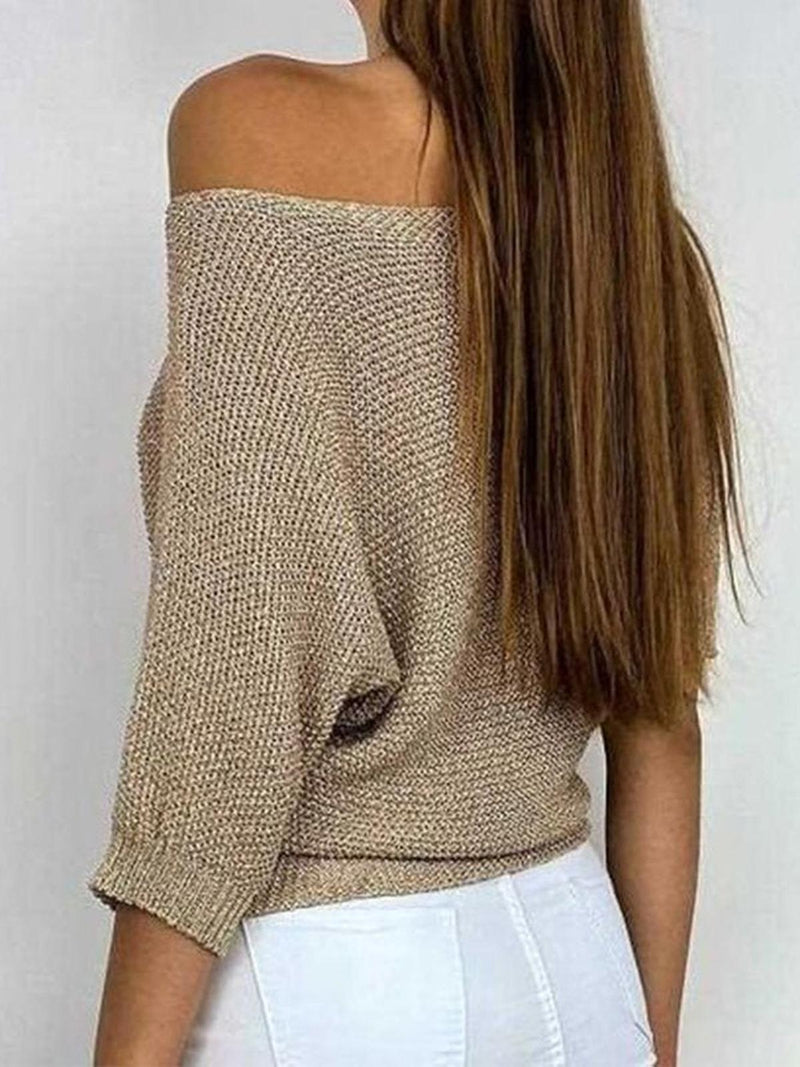 Gold Round Neck Pullover For Women - 3/4 Sleeve Solid Sweater