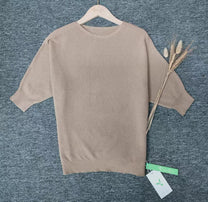 Gold Round Neck Pullover For Women - 3/4 Sleeve Solid Sweater