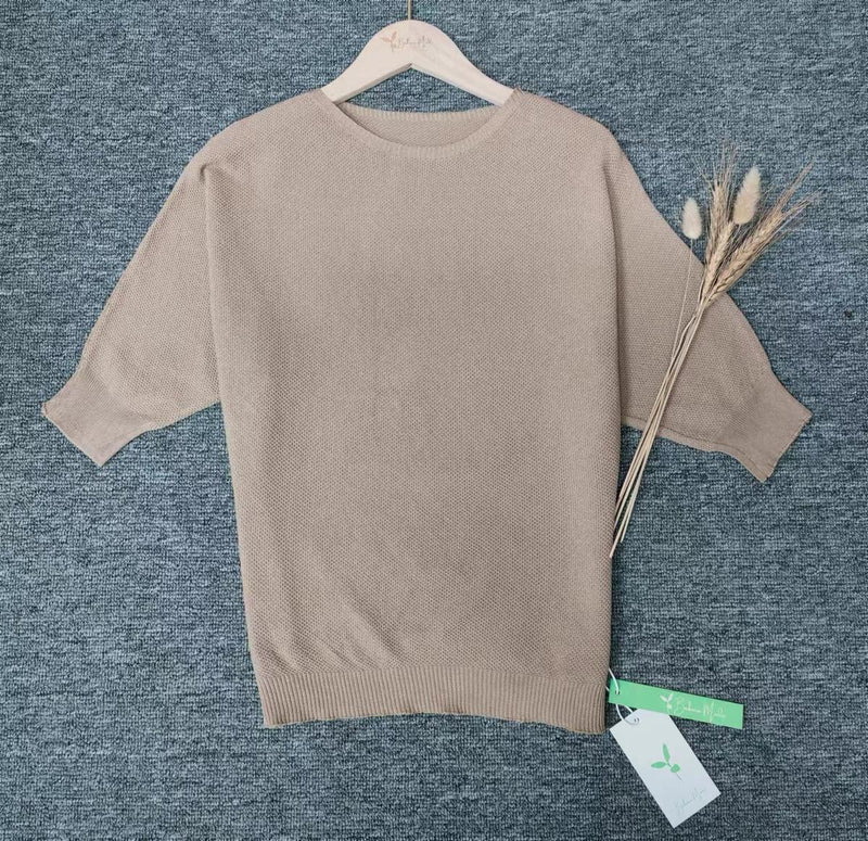 Gold Round Neck Pullover For Women - 3/4 Sleeve Solid Sweater
