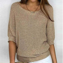 Gold Round Neck Pullover For Women - 3/4 Sleeve Solid Sweater