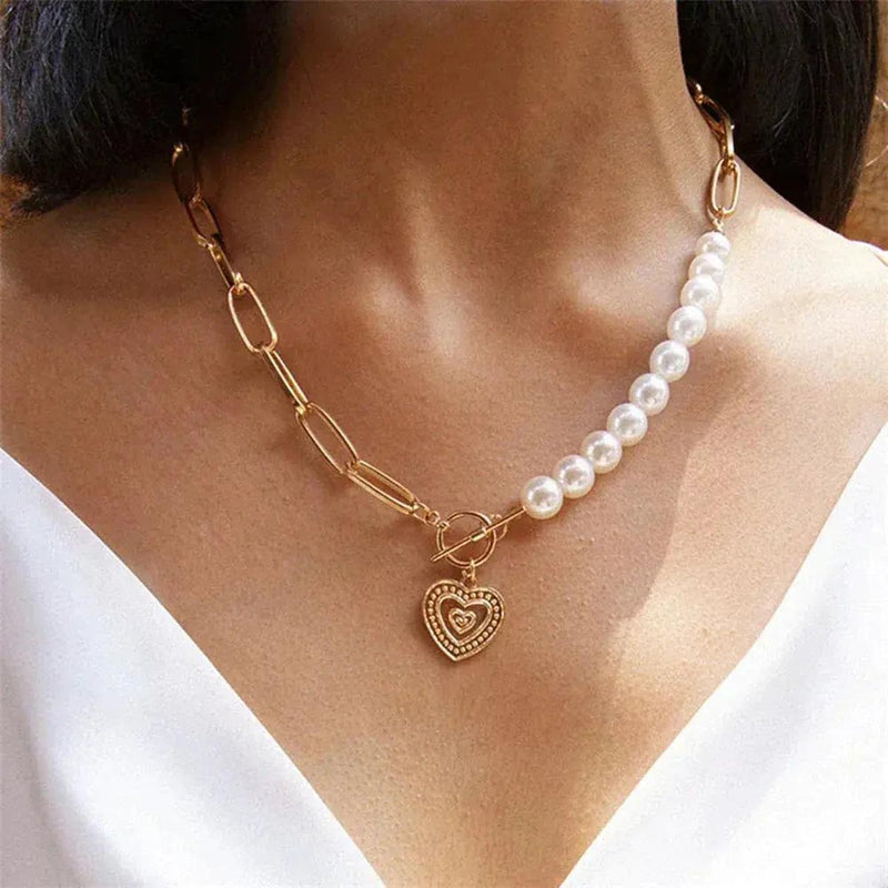 Gold tone Pearl-Embellished Crossed Heart Pendant