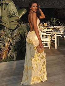 Golden Backless V-Neck Maxi Dress