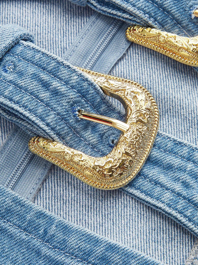 Halter Neck Buckle Faux Denim Mini Dress
