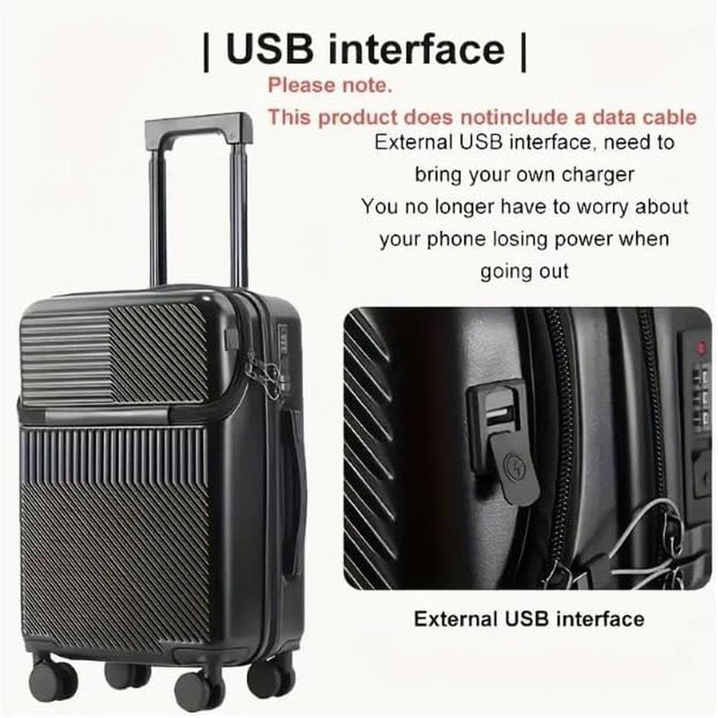 Hard Shell Cabin Luggage With Cup Holder, USB Ports And TSA Lock