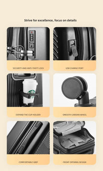 Hard Shell Cabin Luggage With Cup Holder, USB Ports And TSA Lock