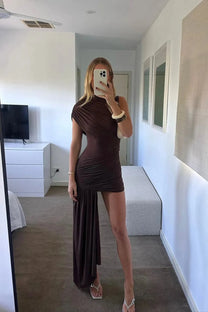 High Neck Ruched Draped Maxi Dress