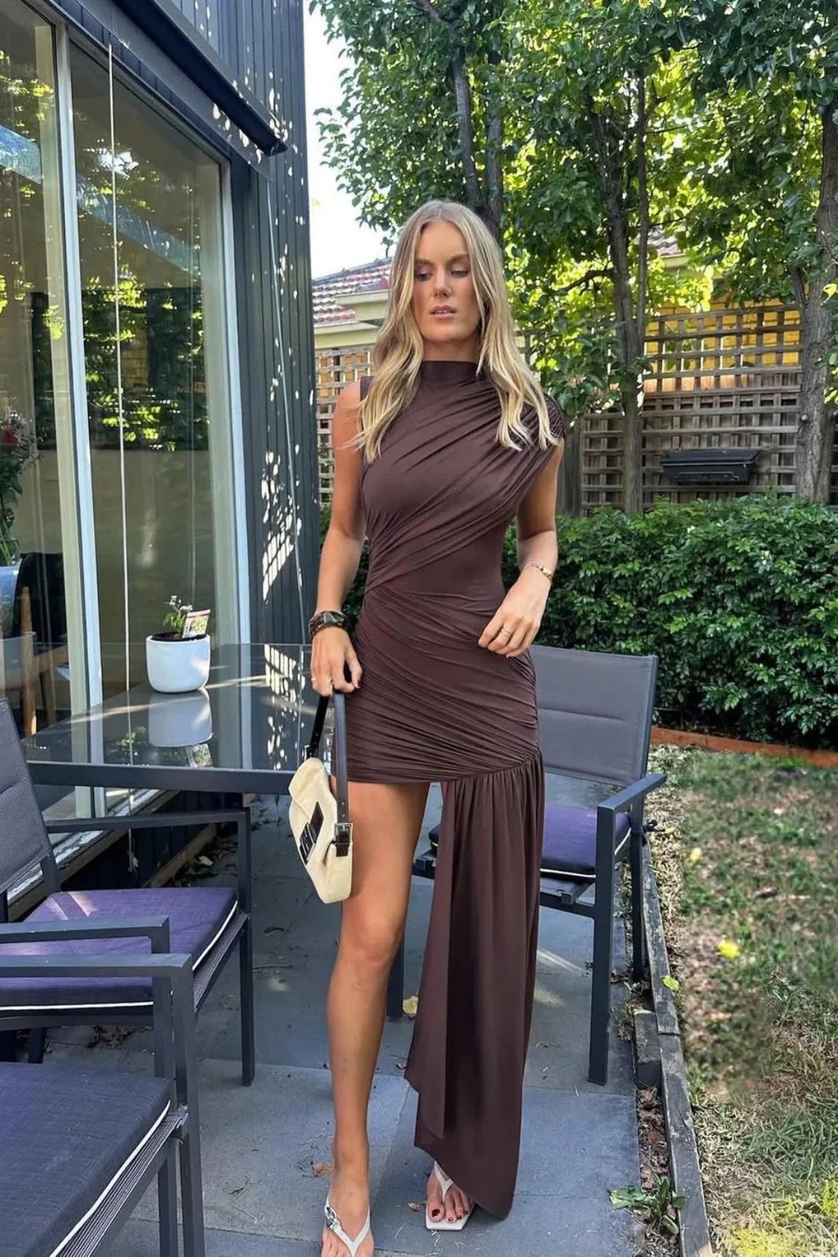 High Neck Ruched Draped Maxi Dress