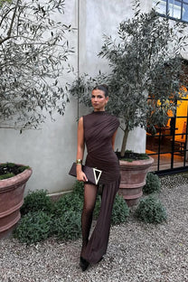 High Neck Ruched Draped Maxi Dress
