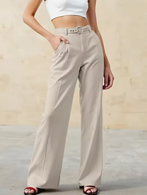 High Waist Pants with Belt Buckle Detail