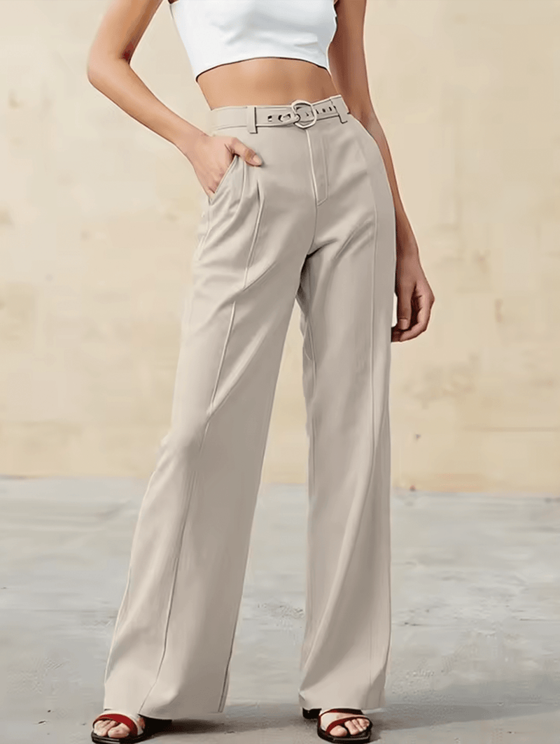 High Waist Pants with Belt Buckle Detail