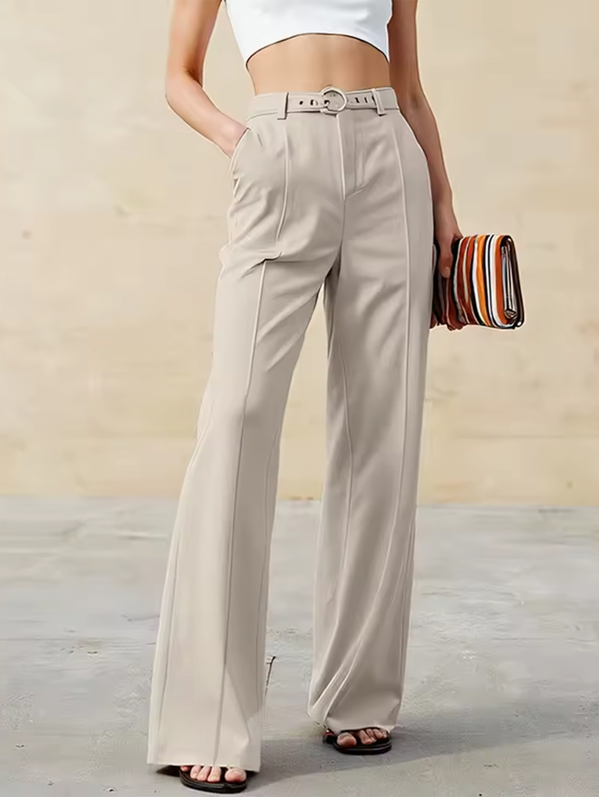 High Waist Pants with Belt Buckle Detail