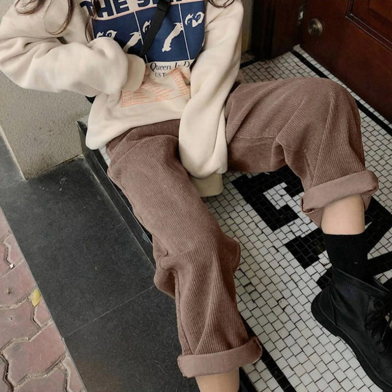 High Waist Wide Leg Cord Trousers for Women