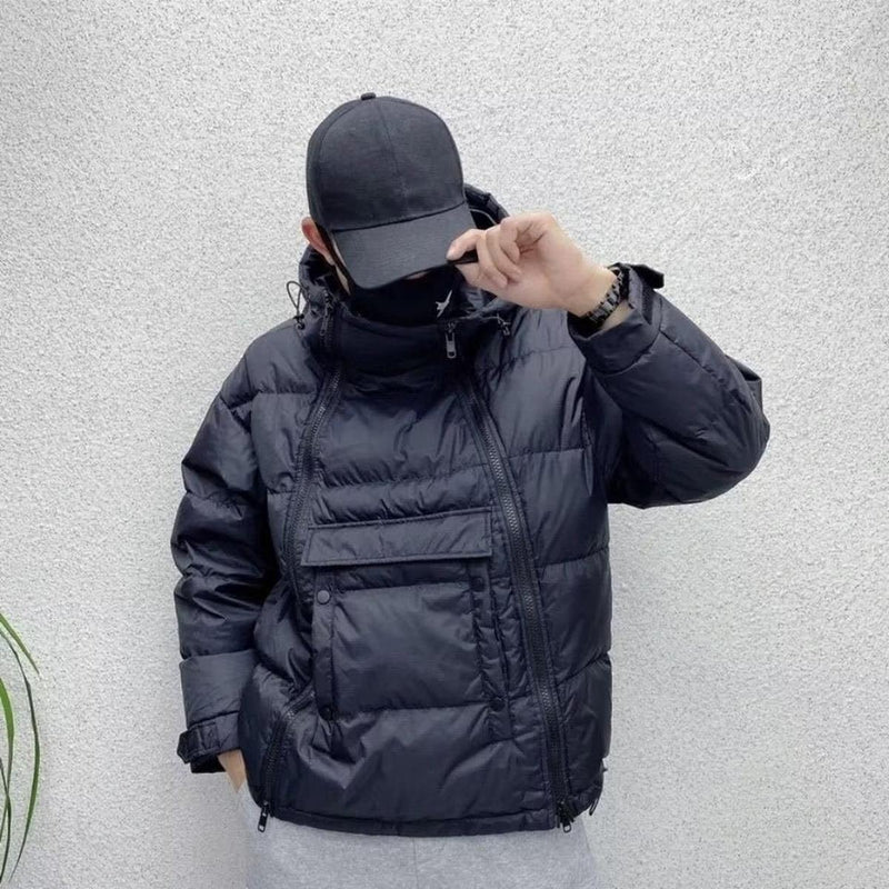 Hooded Jacket With Diagonal Zipper And Drawstring