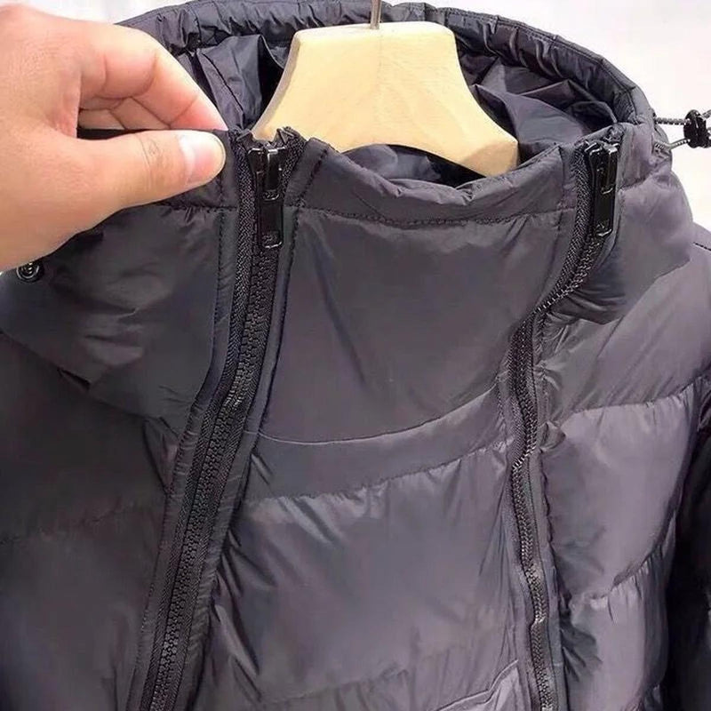 Hooded Jacket With Diagonal Zipper And Drawstring