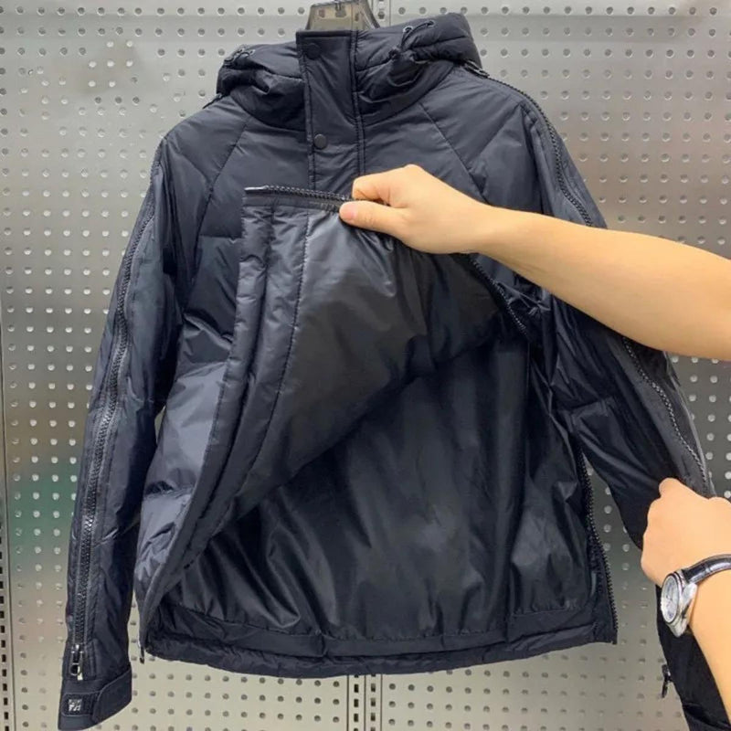 Hooded Jacket With Diagonal Zipper And Drawstring