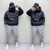 Hooded Jacket With Diagonal Zipper And Drawstring