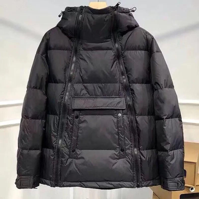 Hooded Jacket With Diagonal Zipper And Drawstring
