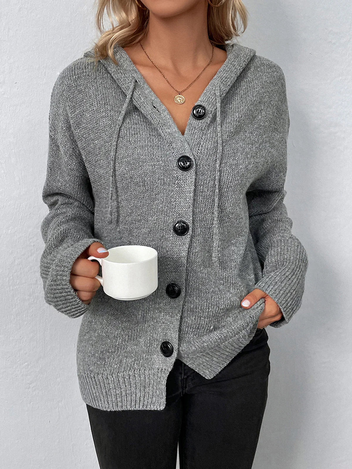 Knit Button-Up Hooded Cardigan