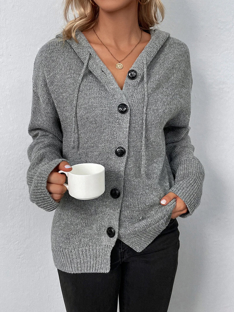 Knit Button-Up Hooded Cardigan