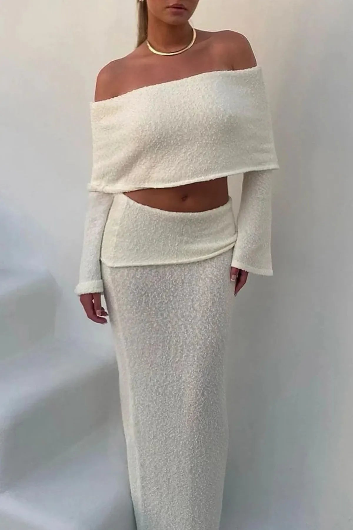 Knit Off Shoulder Boucle Top &amp; Maxi Skirt Co-Ord
