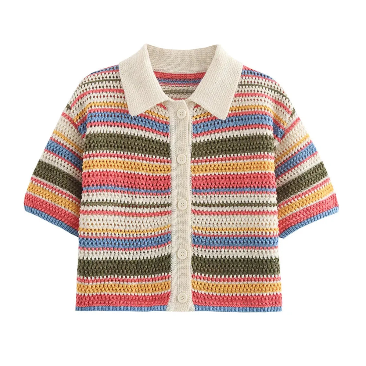 Knitted Striped Collared Cardigan &amp; Shorts Set