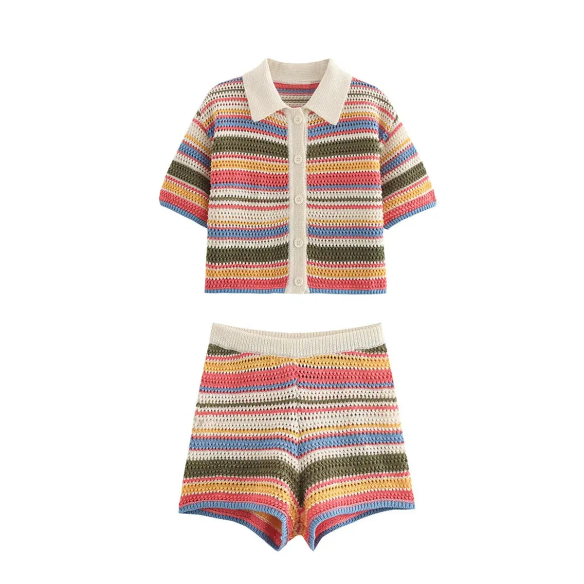 Knitted Striped Collared Cardigan &amp; Shorts Set