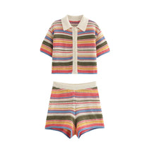 Knitted Striped Collared Cardigan &amp; Shorts Set