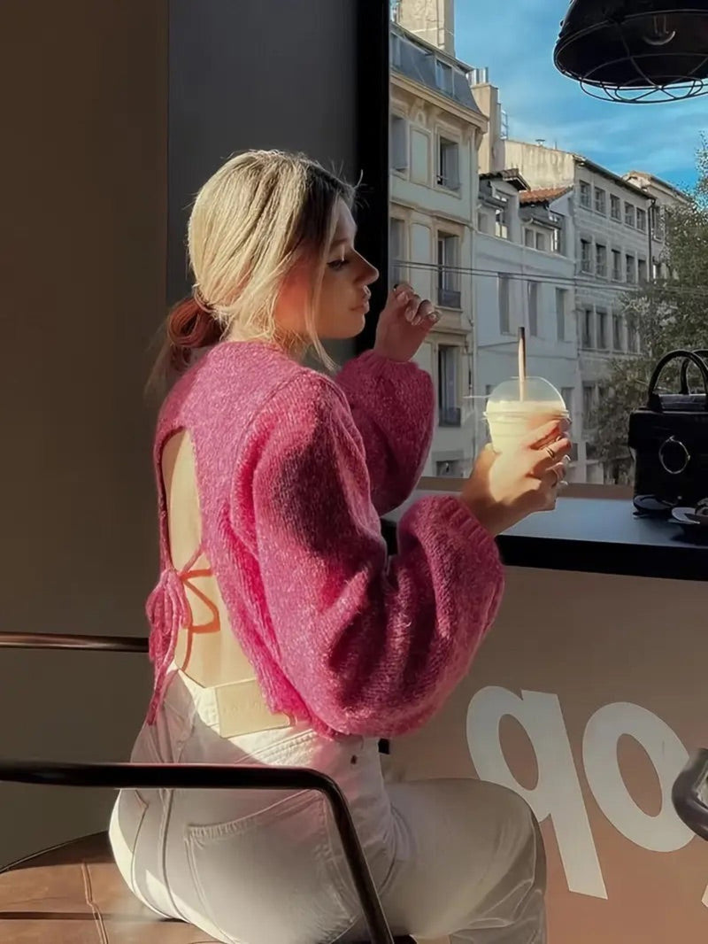 Lace Up Backless Knit Sweater