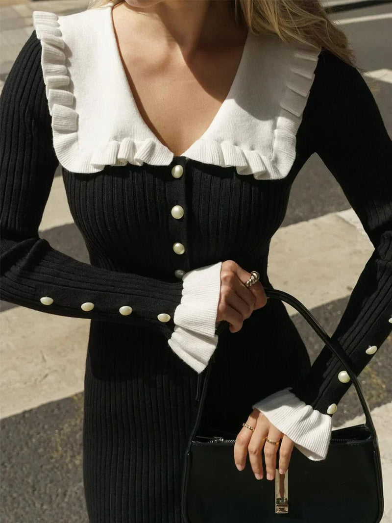Ladies&#39; Knit Maxi Dress With High Waist And Ruffles