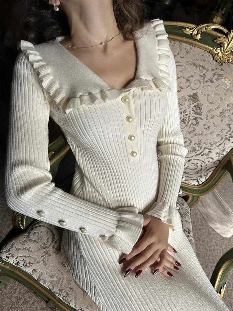 Ladies&#39; Knit Maxi Dress With High Waist And Ruffles