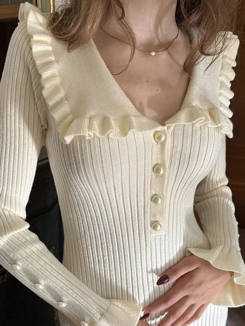 Ladies&#39; Knit Maxi Dress With High Waist And Ruffles