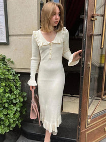 Ladies&#39; Knit Maxi Dress With High Waist And Ruffles
