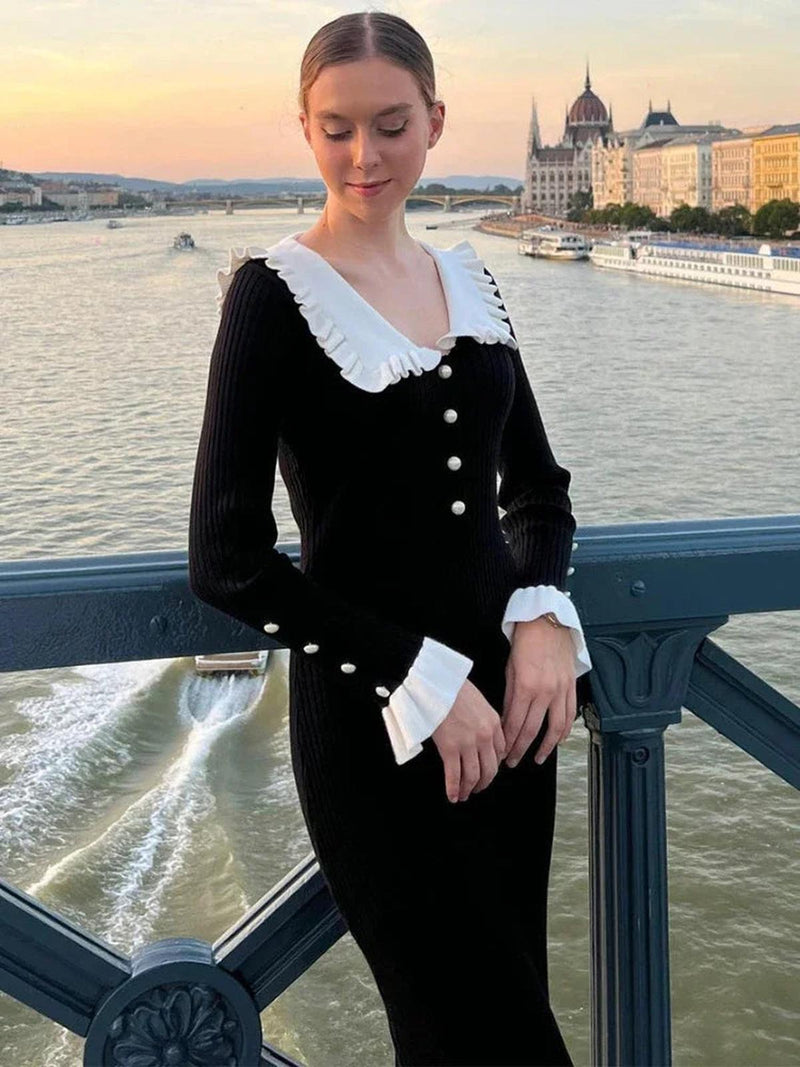 Ladies&#39; Knit Maxi Dress With High Waist And Ruffles