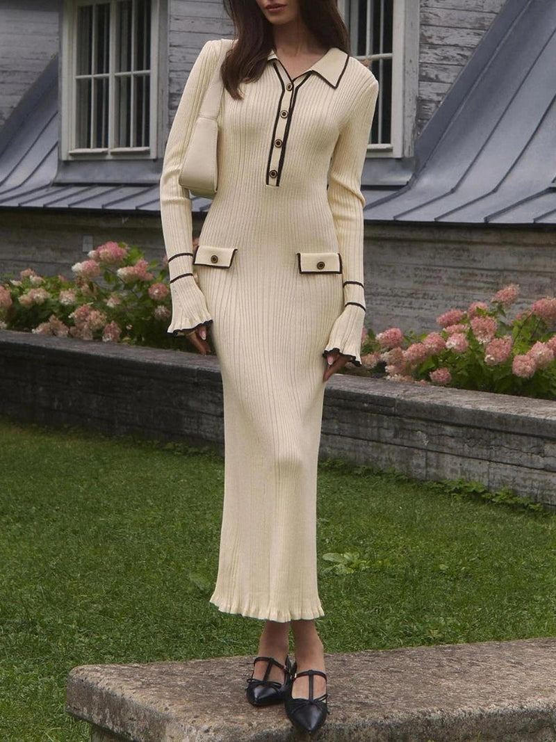 Ladies&#39; Knit Maxi Dress With High Waist And Ruffles