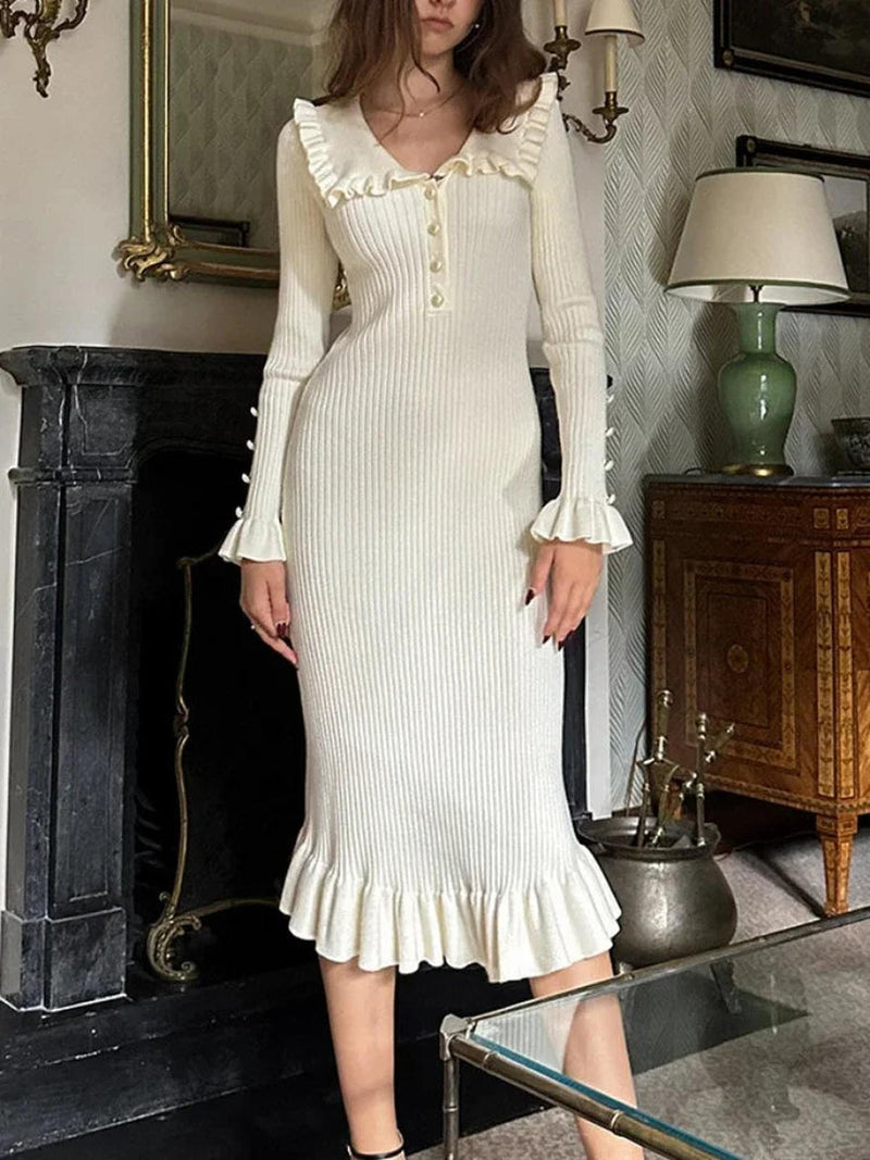Ladies&#39; Knit Maxi Dress With High Waist And Ruffles