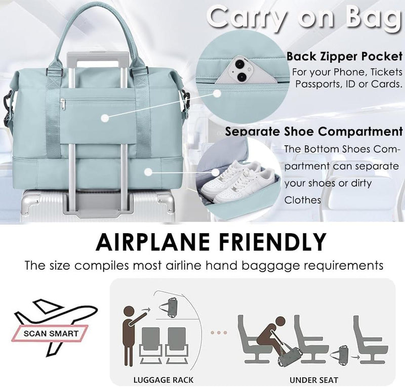 Large Travel Duffel Bag With Shoe Compartment And Toiletry Bag, Airline Approved Carry-On