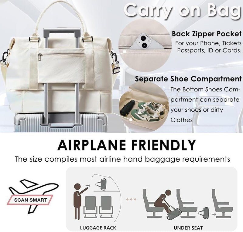 Large Travel Duffel Bag With Shoe Compartment And Toiletry Bag, Airline Approved Carry-On