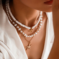 Layered Pearl and Shell Necklace with Starfish Charm