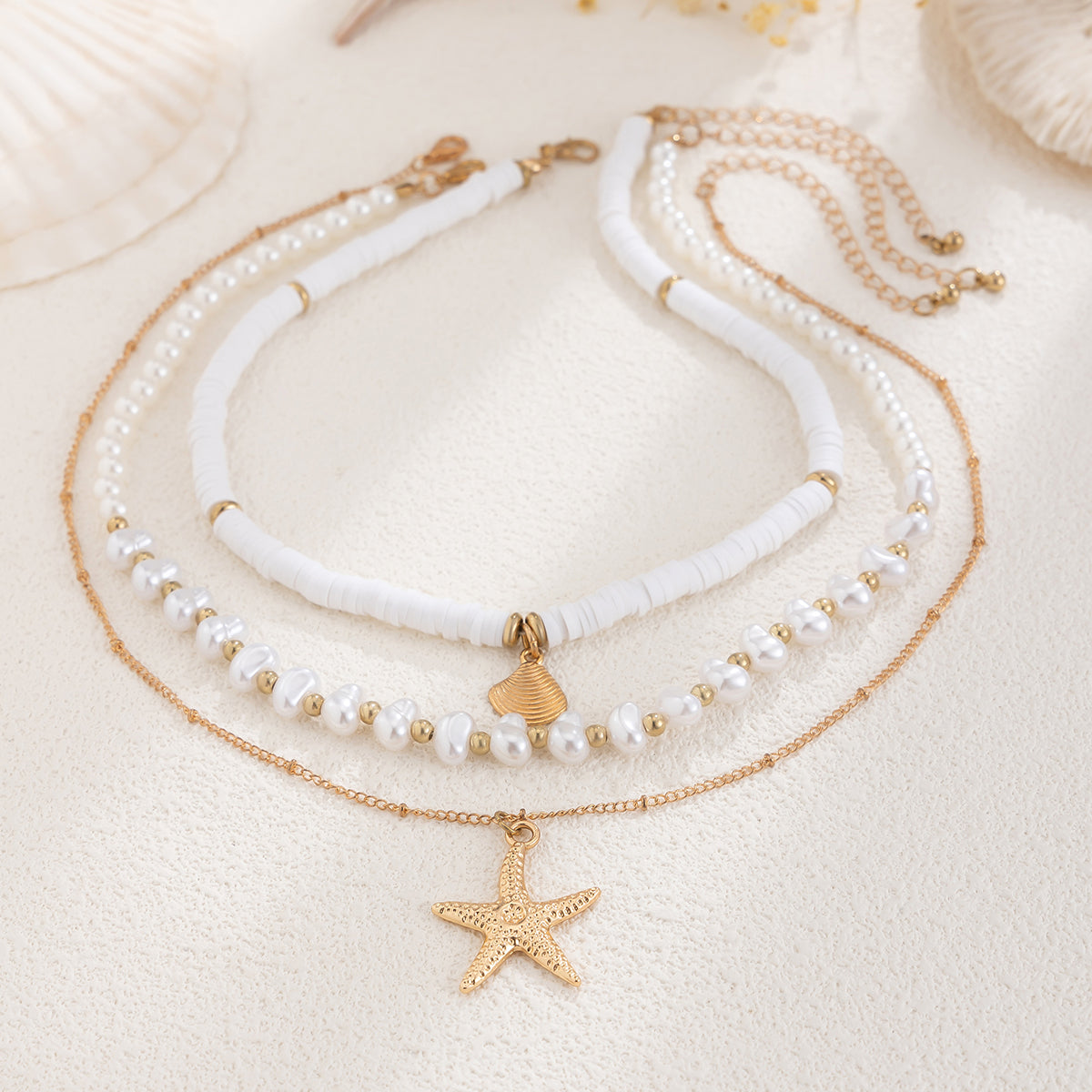 Layered Pearl and Shell Necklace with Starfish Charm
