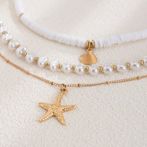 Layered Pearl and Shell Necklace with Starfish Charm