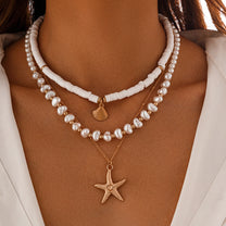 Layered Pearl and Shell Necklace with Starfish Charm