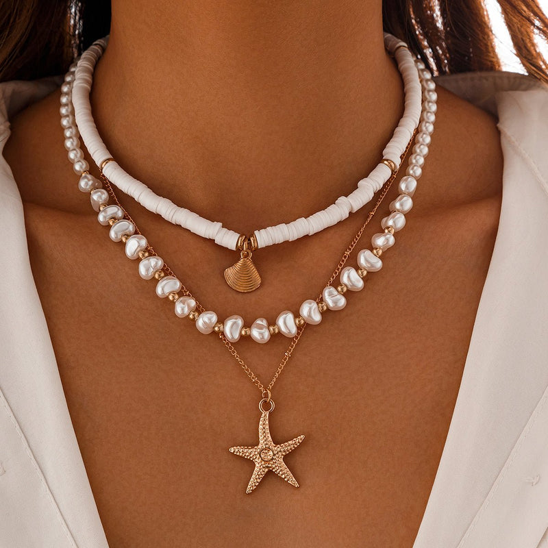 Layered Pearl and Shell Necklace with Starfish Charm