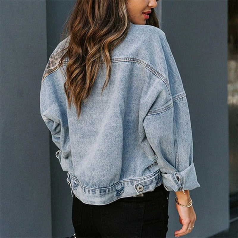 Leopard Print Distressed Denim Jacket