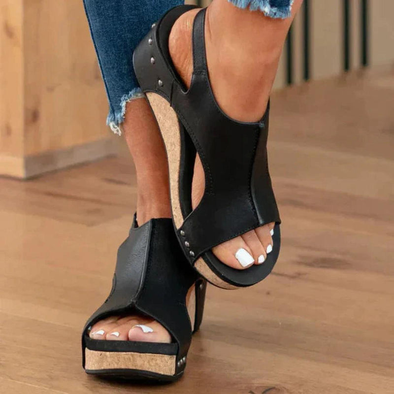 Lightweight Faux Leather Wedge Sandals With Adjustable Strap