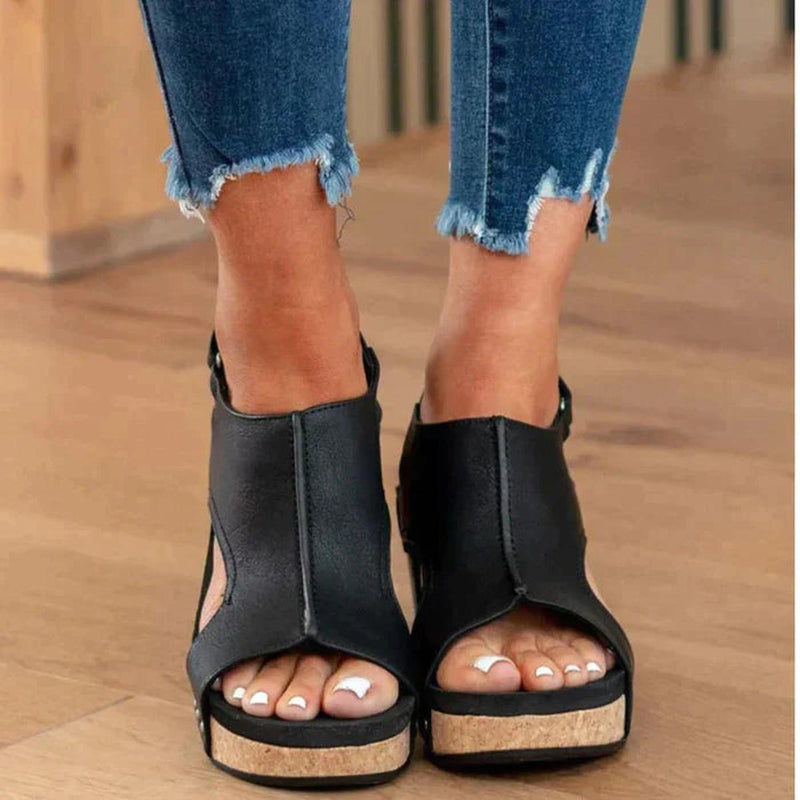 Lightweight Faux Leather Wedge Sandals With Adjustable Strap