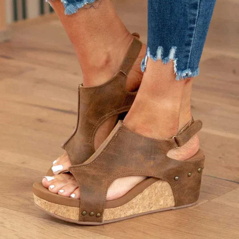 Lightweight Faux Leather Wedge Sandals With Adjustable Strap