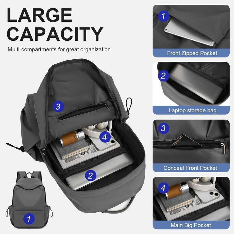 Lightweight Water-Resistant Laptop Backpack With Multiple Compartments - 15.6&quot; Travel Size