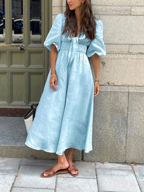 Linen Blend Front Tie Midi Dress